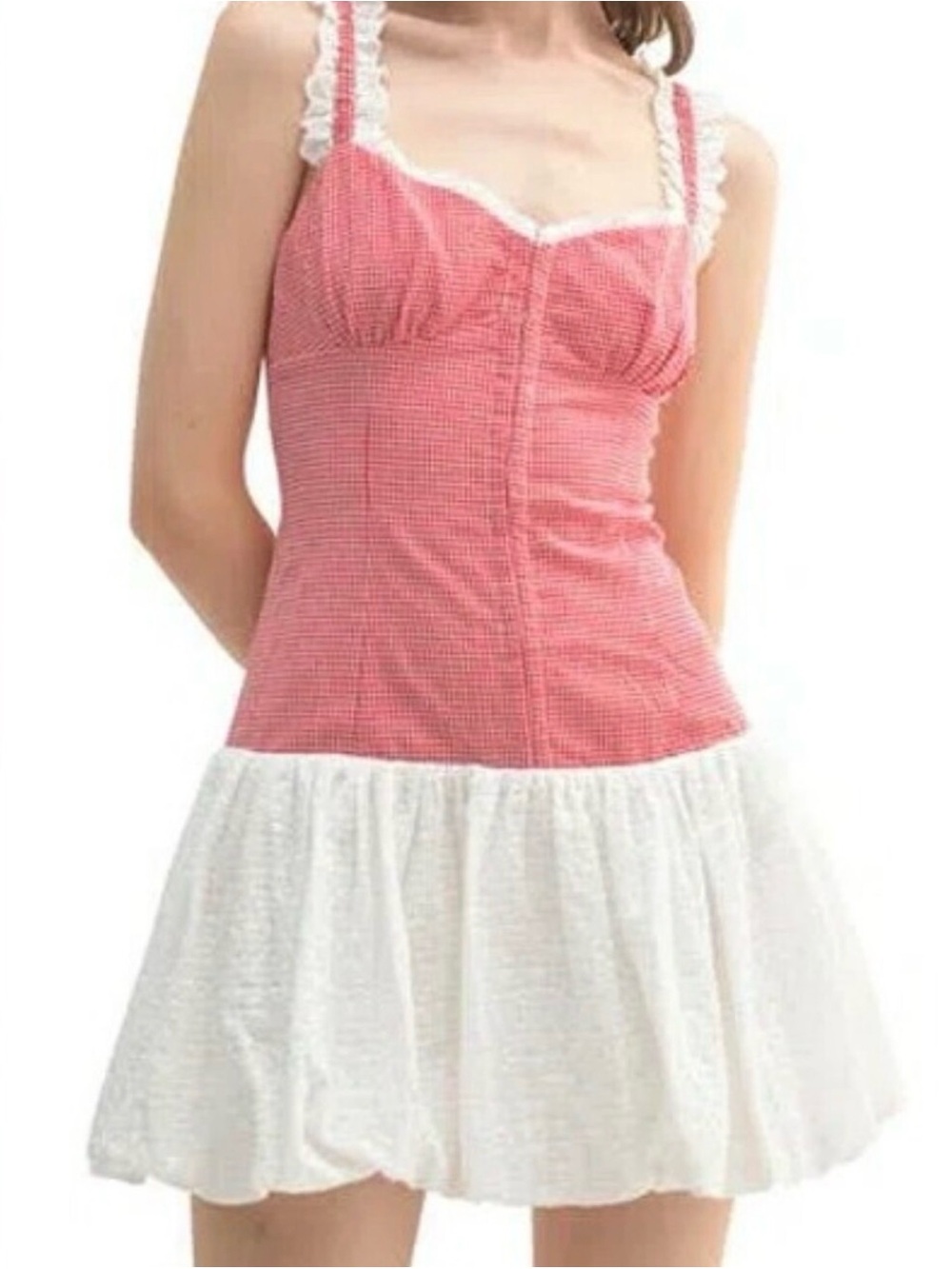 Lush Pink Gingham Bustier Mini Dress with Bubble Hem